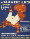700036 Affiche van de 35e Jaarbeurs te Utrecht met een spoorkaart van Nederland en het gebied op een afstand van 80 km. ...